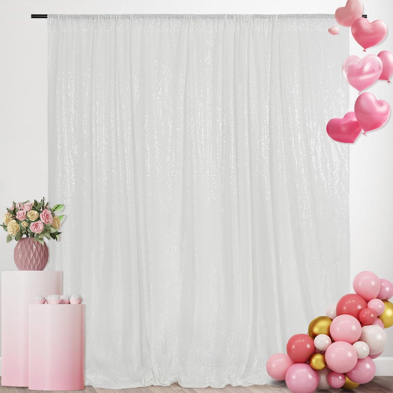 SquarePie Sequin Backdrop 8FT x 8FT White Photography Background Sparkly Curtain Selfie Wall for Wedding Party - Image 1